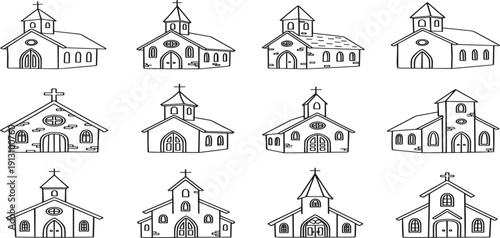 Church Building Line Icon Set with Christian Chapel, Cathedral, and Religious Architecture Outline Vector Collection
