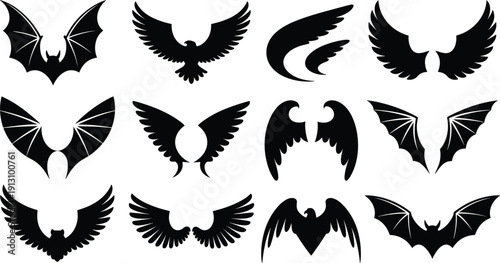 Black vector silhouette set of various wings including eagles hawks bats and mythical creatures for heroic branding mascot design flying symbols and creative artistic projects