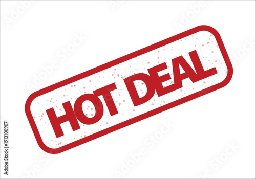 Vector red distressed rubber stamp with 'HOT DEAL' text, angled on a clean white background, ideal for sales banners or promotional flyers.