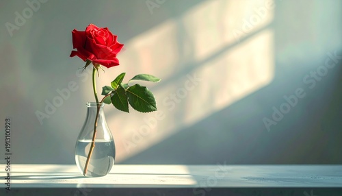 Single Red Rose in White Vase on Table.