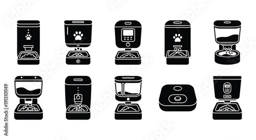 Black and white icons depicting various automatic pet feeders