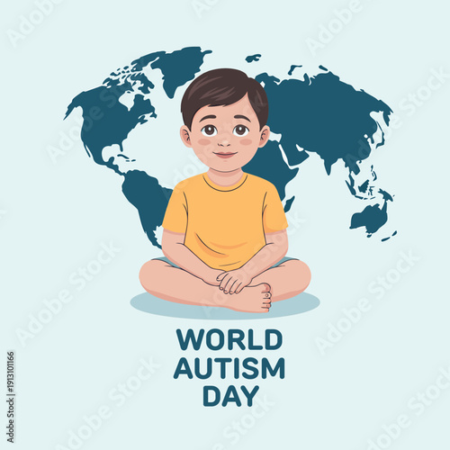 A young boy with a cheerful expression sits cross legged before a world map and autism awareness text