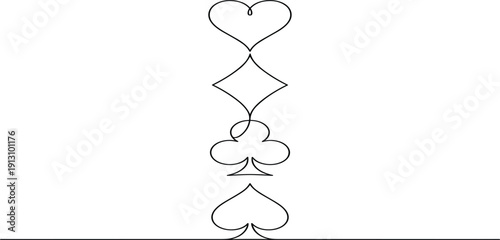Playing Card Suits Line Art Illustration with Heart, Diamond, Club, and Spade Symbols Minimal Outline Vector Design