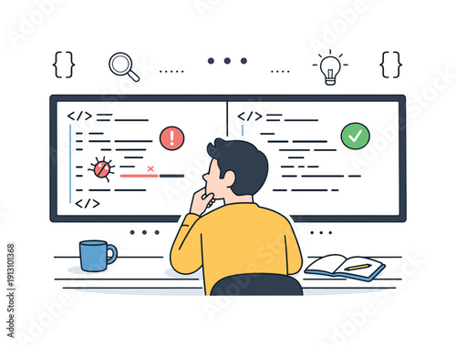 Analyzing Code Errors. Finding bugs in code. A character comparing two code panels on a screen, thoughtful analysis and calm focus. Editorial scene about