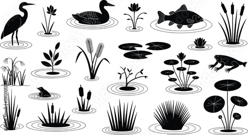Black vector silhouette set of wetland animals and plants including heron duck fish frog lotus lily pads and cattails for nature pond and aquatic branding,