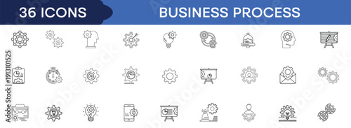 Business Process Line Icon Set, Workflow Automation Strategy Management System Planning Optimization Gear Mechanism Corporate Development and Productivity Outline Vector Collection