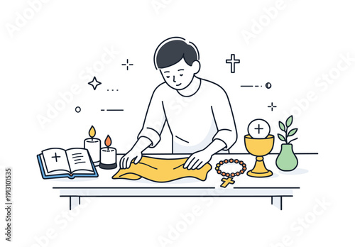 Religious ceremony preparation. A person arranging symbolic objects such as candles, books, or cloth on a simple table. Careful movement,