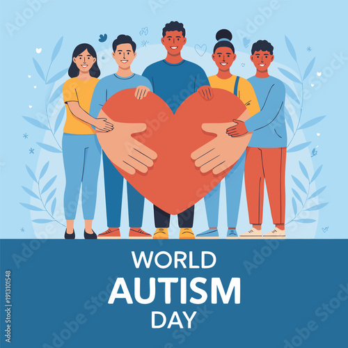 A diverse group of people embrace a large red heart symbolizing support for autism awareness and acceptance