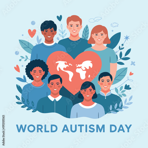 A diverse group of people surround a heart shaped world map promoting inclusion for world autism day