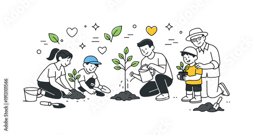 Growing a greener future. Adults and children planting trees together, small heart and leaf icons floating gently. Education, care for