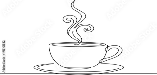 Hot Coffee Cup Line Art Illustration with Steam Swirl Minimal Outline Mug on Saucer Vector Design