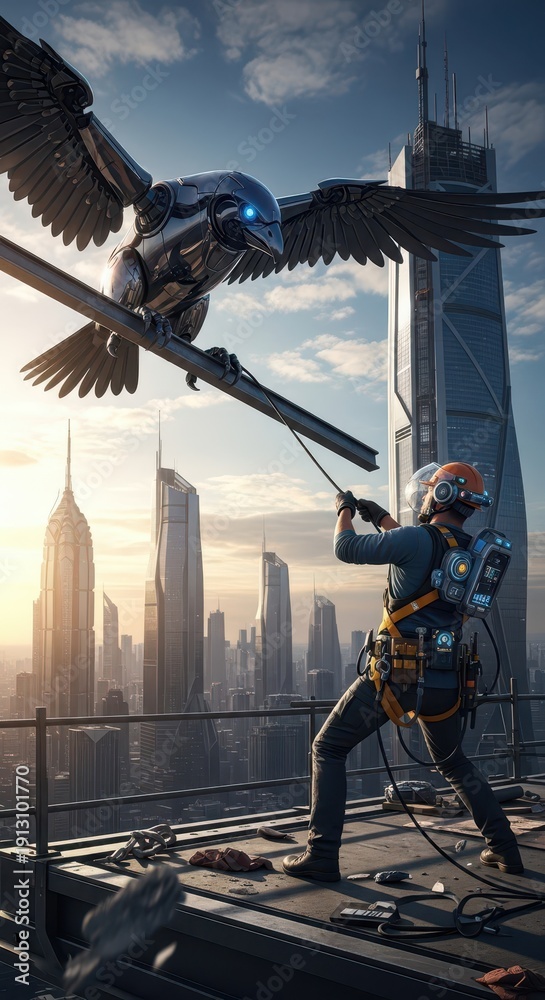 Fototapeta premium Construction worker interacts with a mechanical bird perched on a high beam overlooking a sprawling metropolitan skyline at sunset