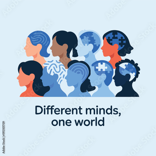 A diverse group of people depicted with puzzle piece and brain imagery symbolizing mental health awareness