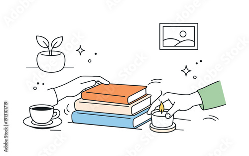 Setting up a coffee table with books and candles. A calm living room moment where hands gently arrange stacked books and a small candle on a