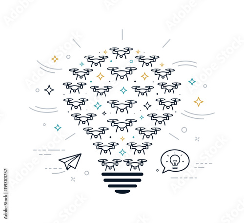 Drone sky illustration. Drones assembling into a recognizable icon shape, gentle glow suggesting communication and creativity. Friendly,