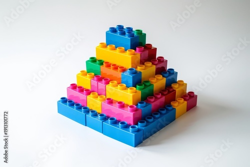 Brightly colored LEGO pyramid on white background, simple illustration of building blocks