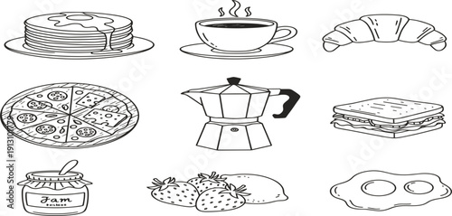 Breakfast Food Line Icon Set with Pancakes, Coffee Cup, Croissant, Pizza, Sandwich, Jam, Strawberries, and Fried Eggs Vector Illustration
