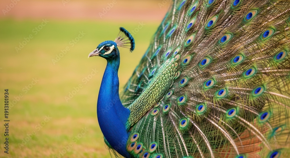 Fototapeta premium A peacock with a vibrant, fan-like tail stands proudly in a field