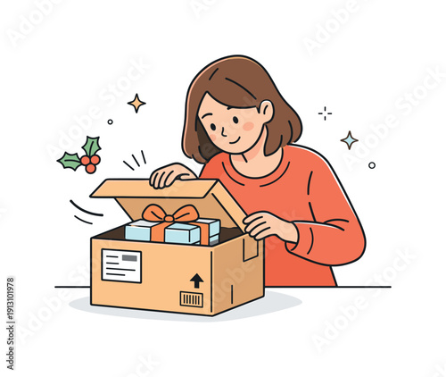 Unwrapping Holiday Joy. Receiving a holiday package in the mail. Person opening a delivered box with curiosity and warmth, calm festive anticipation. Gift box,