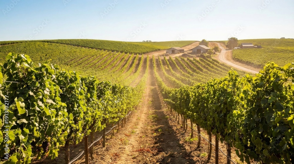 Fototapeta premium Lush Green Vineyard Rows Under Sunny Sky