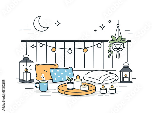    Summer evening decor balcony. A small balcony with pillows, candles, and soft lights prepared for quiet rest. The mood is calm, cozy, and
