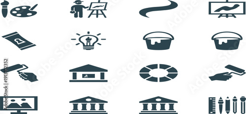 Art and Painting Icon Set with Brush, Palette, Canvas, Museum, Gallery, and Creative Design Symbols Flat Vector Collection