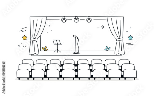 An empty theater awaiting an audience. Rows of neatly aligned seats facing a quiet stage, calm and anticipatory atmosphere. Editorial
