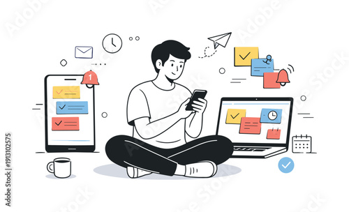 Digital Work Efficiency. Remote work productivity apps. A character organizing notes and reminders across phone and laptop screens, relaxed posture and steady