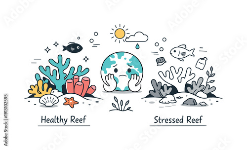 Fragile marine ecosystem. Simplified coral reef with subtle contrast between healthy and stressed corals. Thoughtful editorial mood