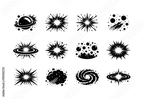    Stellar Explosion. Solid icon set of Stellar Explosion: massive star, outward blast, light burst, space particles, expanding rings, stellar