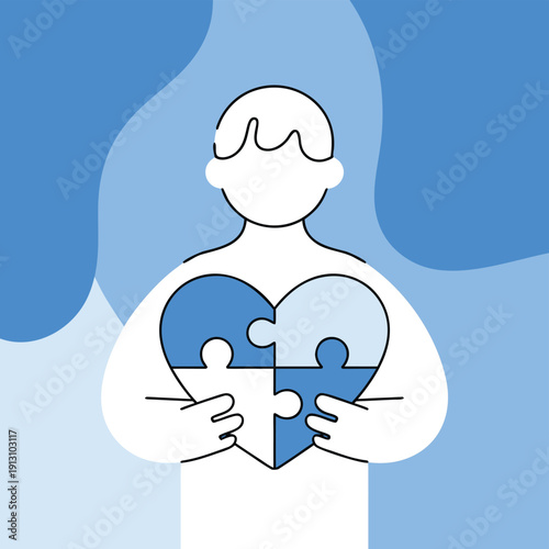 A stylized illustration depicts a person embracing a blue puzzle heart symbolizing emotional well being
