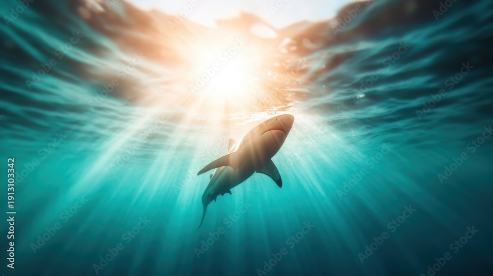 Naklejka premium A serene underwater scene capturing a shark gliding through sunlit waters, symbolizing the beauty of marine life and the importance of ocean conservation.