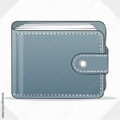 Illustration of a blue leather wallet with cash inside and a snap closure.