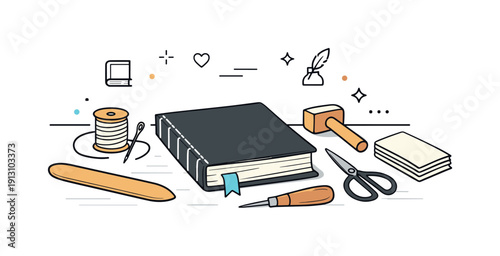 Marketing flyer creation. A simple scene with icons, images, and text frames coming together into a finished flyer design, expressing focus