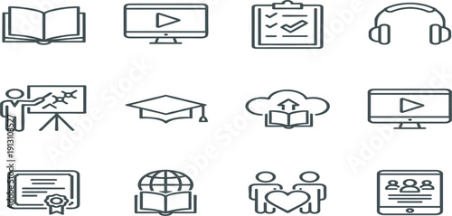 Online Education Icon Set with E Learning, Video Lessons, Certificate, Webinar, Cloud Study, and Digital Training Line Icons Collection