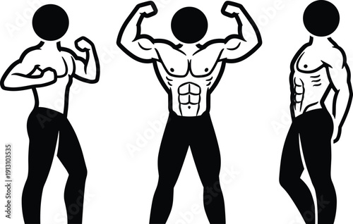 Black silhouette stick figure bodybuilders posing to show off muscular physique and abdominal muscles isolated on white background for fitness