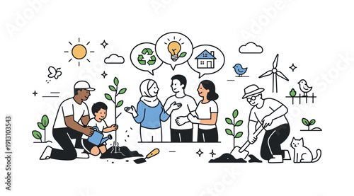 Community-driven sustainability. Diverse residents planting trees and discussing ideas for a greener neighborhood. Warm, cooperative mood