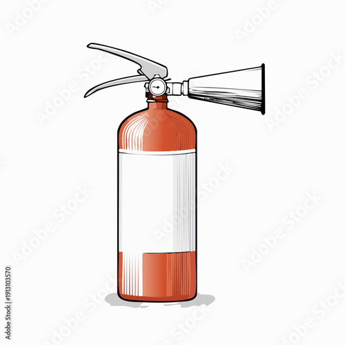 Red fire extinguisher with white label and nozzle.