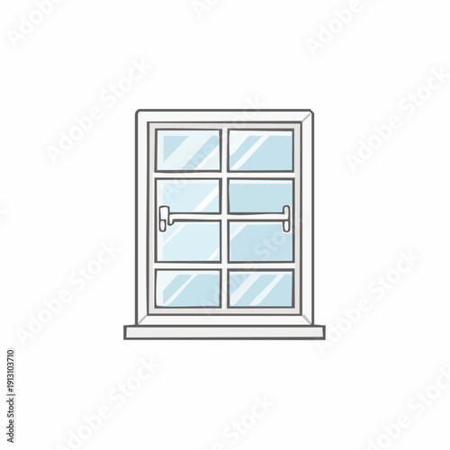Simple line drawing of a six pane window with handle.