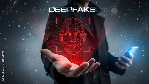Deepfake Technology Concept with 3D Facial Recognition Wireframe and Hacker
