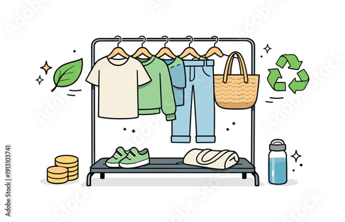 Eco fashion on a budget. Simple rack of sustainable clothes with small leaf and reuse icons, clean and inviting scene. Visual story of