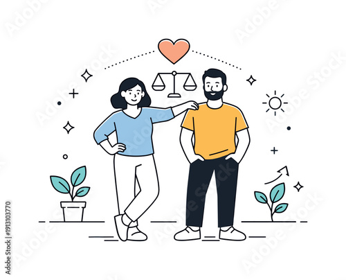 Healthy relationships built on self-love. Editorial scene of two people standing side by side, both grounded and confident, connected by