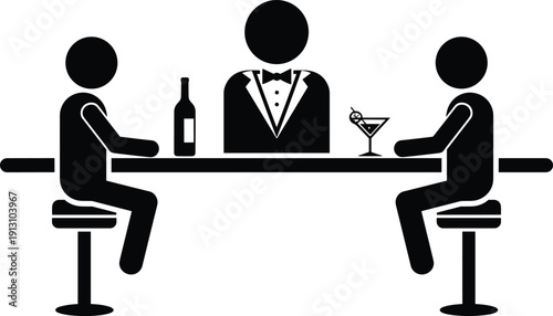 Black silhouette stick figure icons of people sitting at a long bar counter with a bartender serving drinks and cocktails