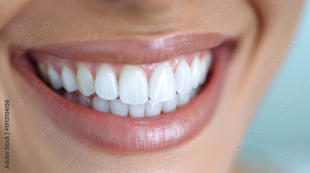 Obraz premium A close-up of a bright, engaging smile featuring shiny white teeth and well-cared-for lips, promoting feelings of confidence and happiness through dental hygiene.