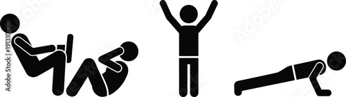 Black silhouette stick figure icons performing various fitness exercises including sit ups push ups and stretching isolated on white background background