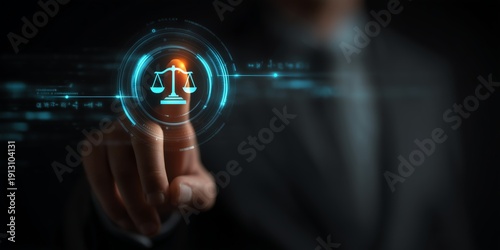 Finger activates justice scale slider with AI policy versioning, audit trails, and governance shields for responsible management.