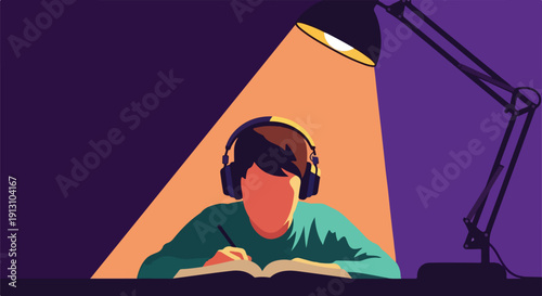 Young person with headphones intently studying a book at a desk, illuminated by a bright lamp, symbolizing dedication to education and knowledge.