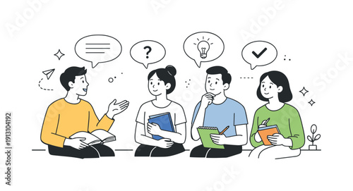 Thoughtful Discussion Icons. Sharing opinions. One person speaking while others listen, holding books and notes, respectful and thoughtful discussion. Visual