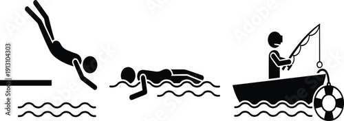Black silhouette stick figure icons performing various water activities including diving into water swimming in waves and fishing from a boat