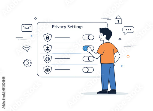 The challenges of maintaining online privacy in the modern world. User adjusting privacy settings on a large interface with simple toggles